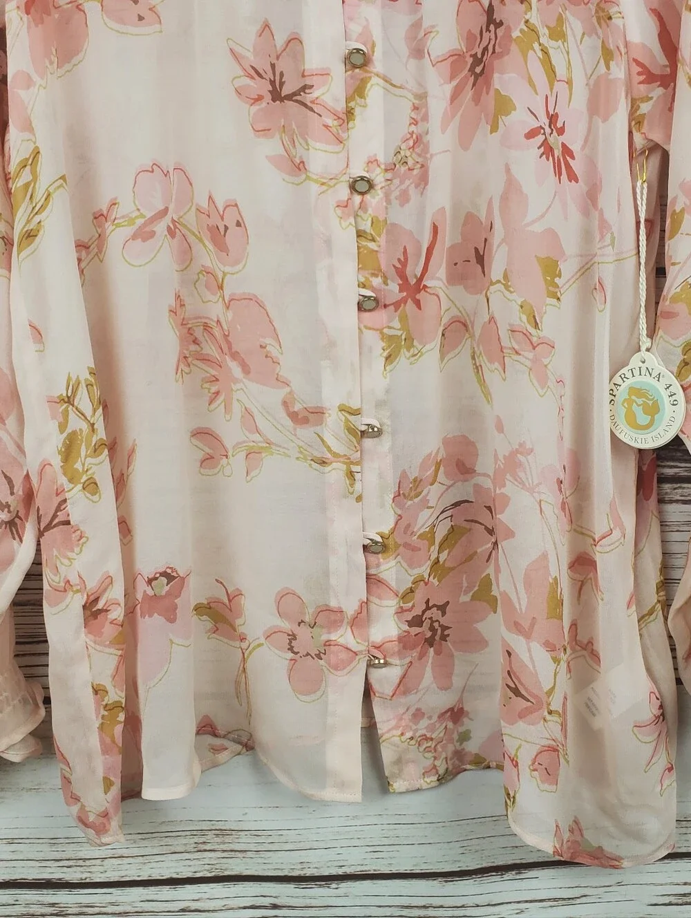 NWT Spartina 449 Womens Large 100% Silk Floral Sleer Button Down Blouse Top - Picture 4 of 11
